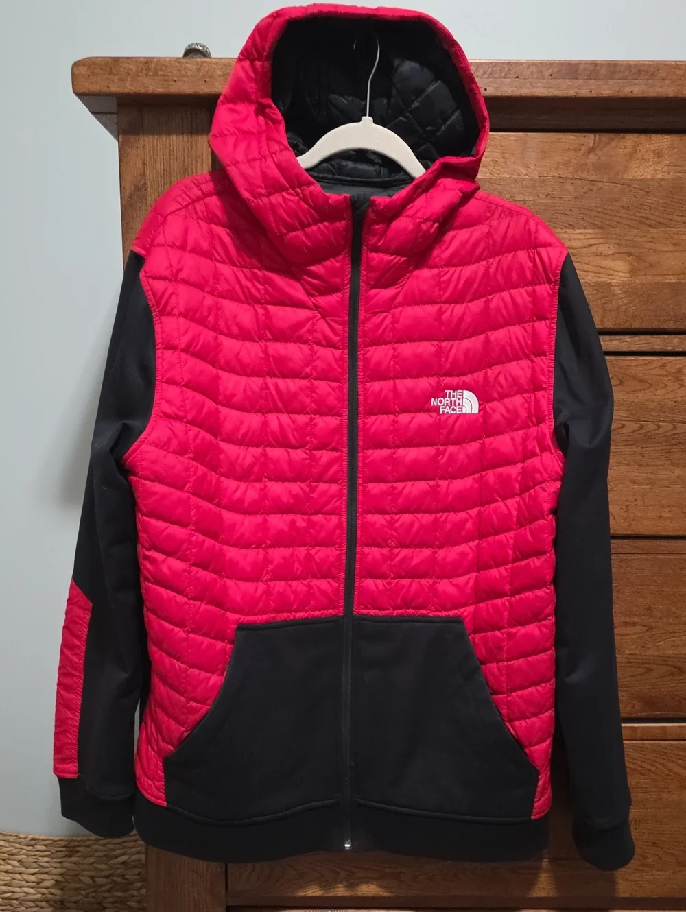 The North Face Red and Black Hooded Puffer Jacket